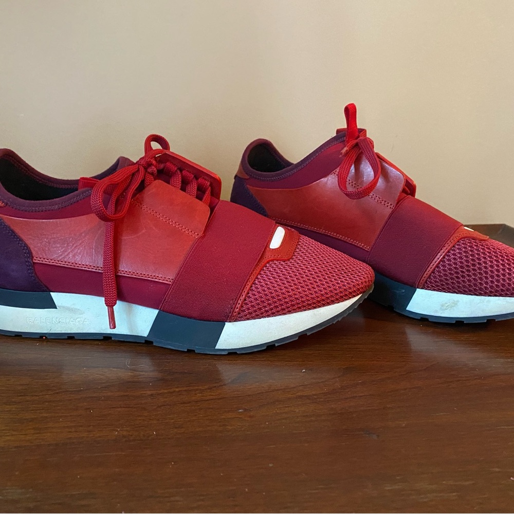 Balenciaga Red & Purple Leather Suede Sneakers Mesh Race Runner Trainers Size 38